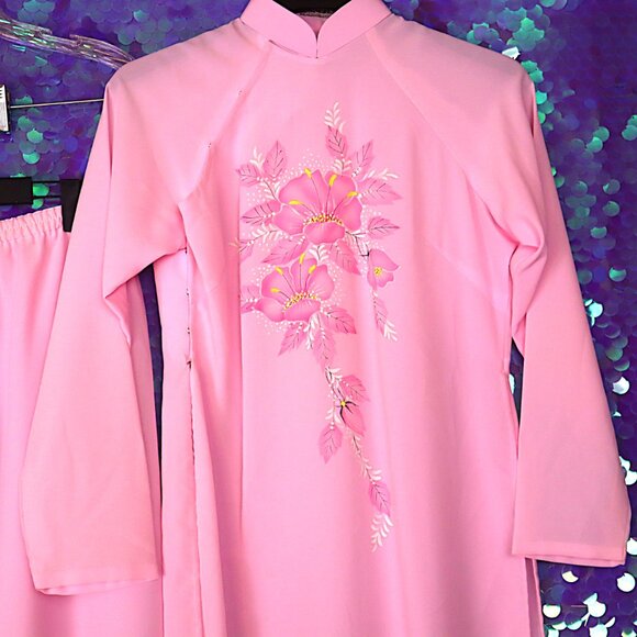 VINTAGE ASIAN LOUNGE SET L Floral Pink Pants PJs Sleepwear Pastel 70s Snaps - Picture 3 of 10